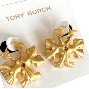 Tory Burch Sculpted Gold Logo Hoop Earrings